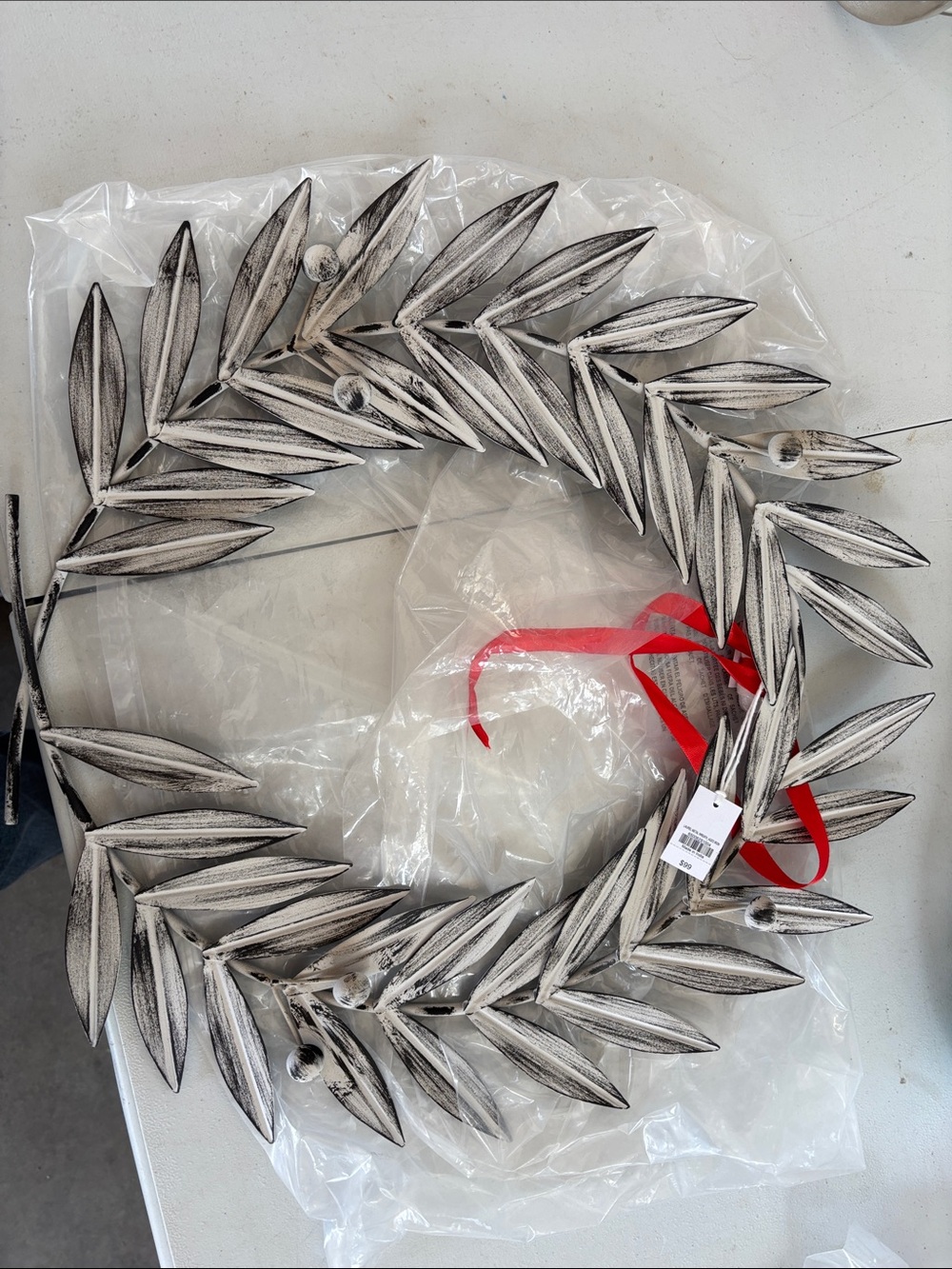 Whitewashed Leaf Holiday Wreath with Red Ribbon Accent